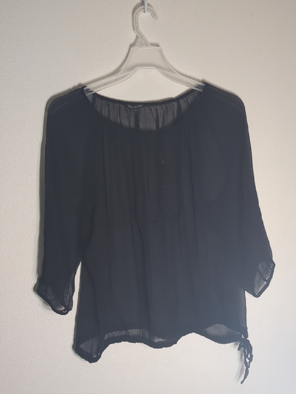 Eileen Fisher Womens Shirt Peasant Milkmaid 100% Silk Sheer Quiet Luxury Large